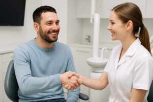 A smiling patient is shaking hands with a dentist in a modern, clean office. No text on the image.