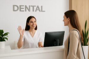A modern and clean dental office reception area with a friendly receptionist greeting a new patient. No text on the image.