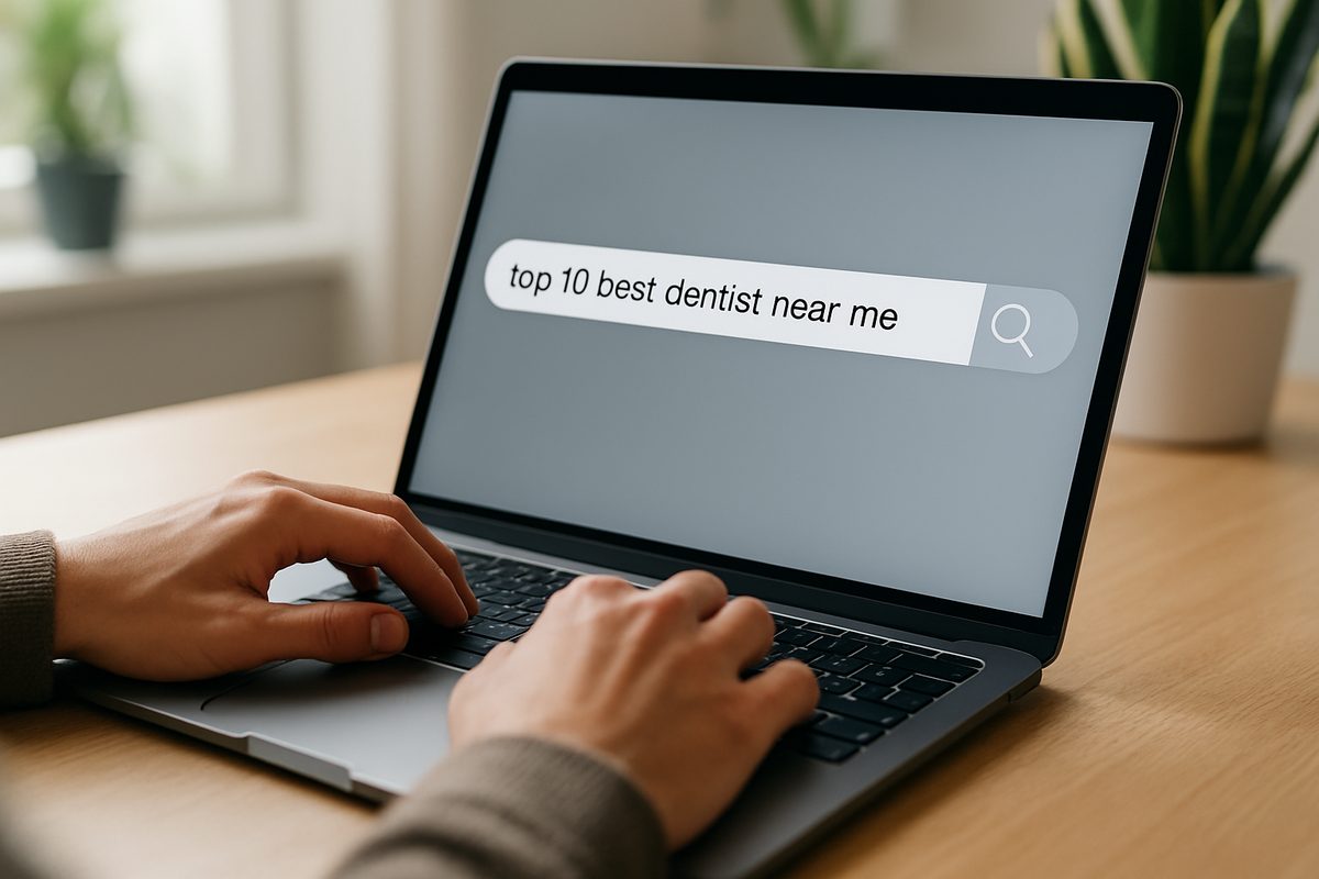 A person types "top 10 best dentist near me" into a search engine on their computer, looking for local dental care options. No text on image.