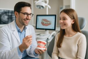 A friendly orthodontist is consulting with a young female patient about her teeth straightening options. The image should feature modern dental technology in the background. No text on the image.