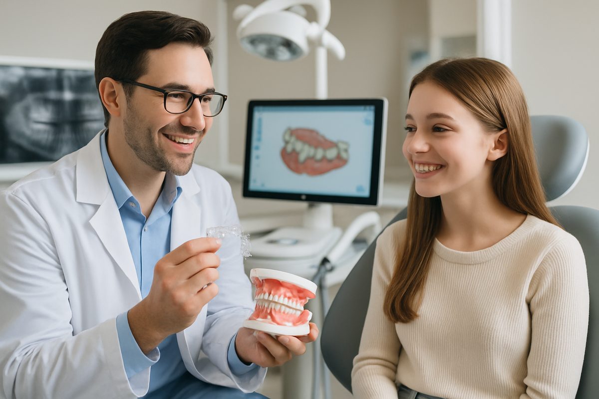 A friendly orthodontist is consulting with a young female patient about her teeth straightening options. The image should feature modern dental technology in the background. No text on the image.