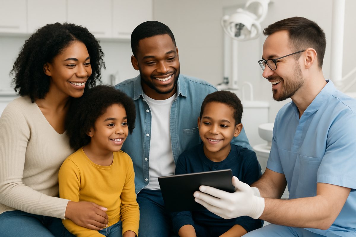 Image of a diverse family happily in a dental office setting, with the dentist explaining a dental package on a tablet. The background is a modern, clean dental clinic. No text on the image.