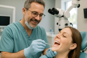 A friendly periodontist in Palm Harbor, FL, is examining a patient's gums, using a probe to check for signs of inflammation or recession. The image emphasizes the doctor's gentle approach and the advanced technology used in the examination. No text on image.