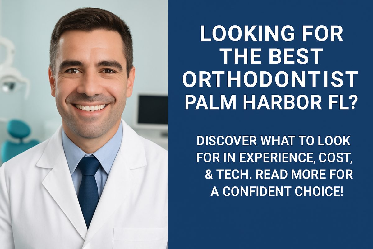 Image of a smiling teenage girl with braces, confidently showing off her teeth, with the text overlay "Orthodontist Palm Harbor FL: Find Your Perfect Smile."