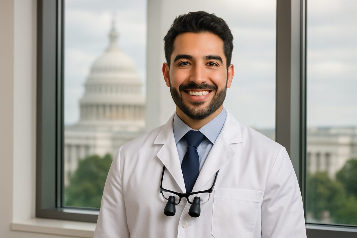 A modern dentist in Washington, D.C., smiling confidently while wearing professional attire, with the U.S. Capitol Building subtly visible through the window in the background. No text on image.