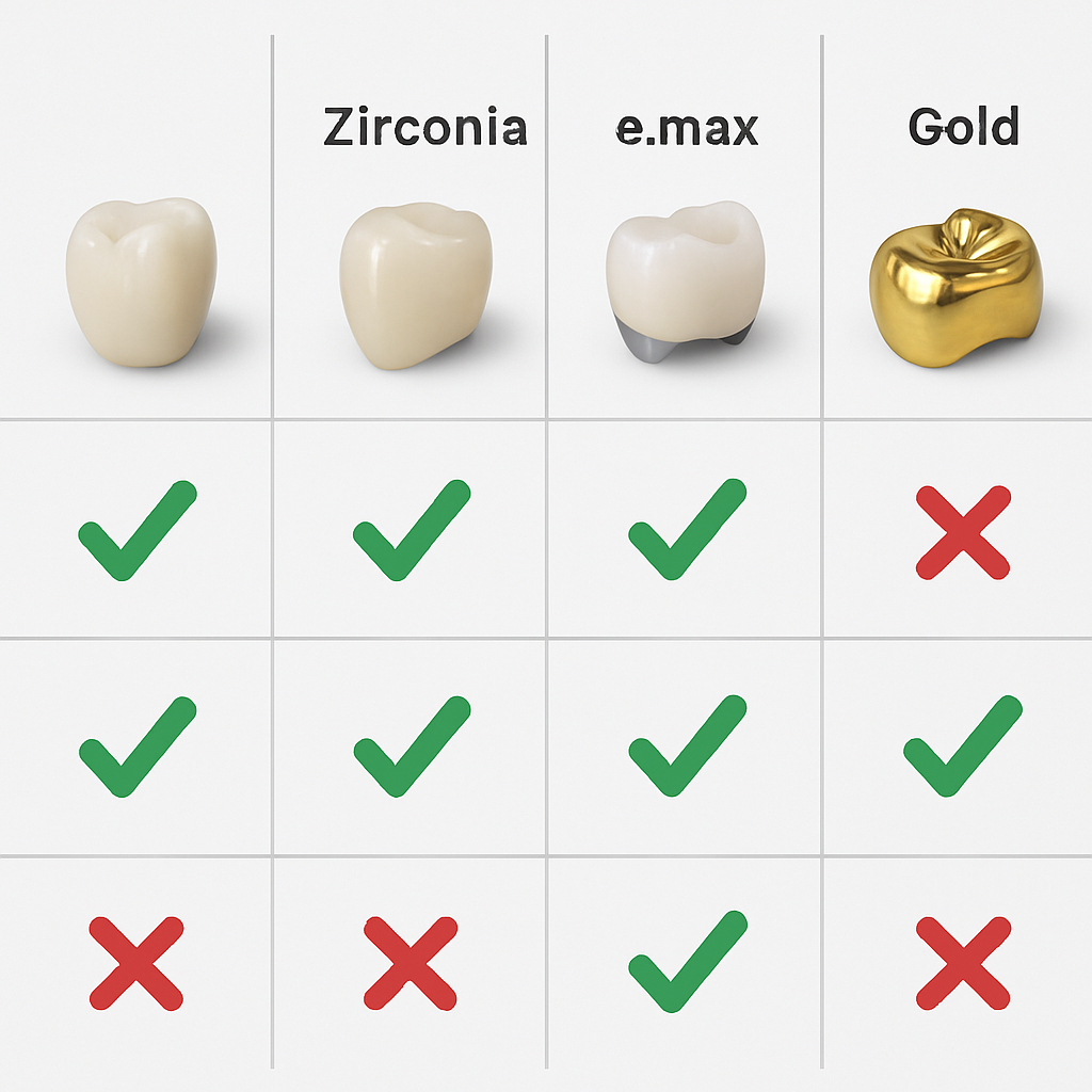 A table comparing different dental crown materials like zirconia, emax, porcelain-fused-to-metal, and gold, highlighting their pros and cons for aesthetics, strength, and cost. No text on the image.