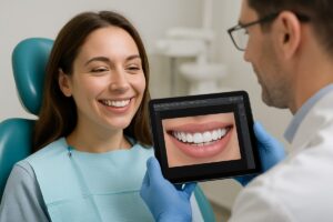 A smiling woman in the dentist chair is looking at a mockup of her smile designed by a cosmetic dentist using digital design software. No text on the image.