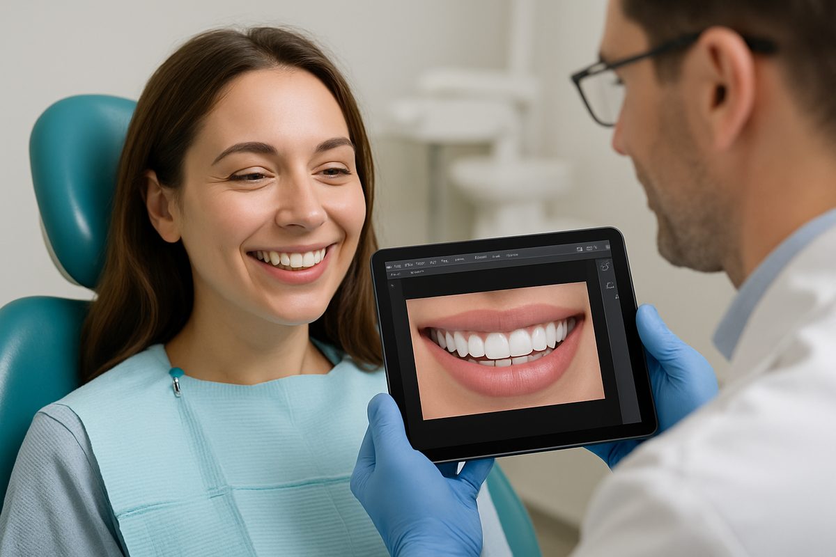 A smiling woman in the dentist chair is looking at a mockup of her smile designed by a cosmetic dentist using digital design software. No text on the image.