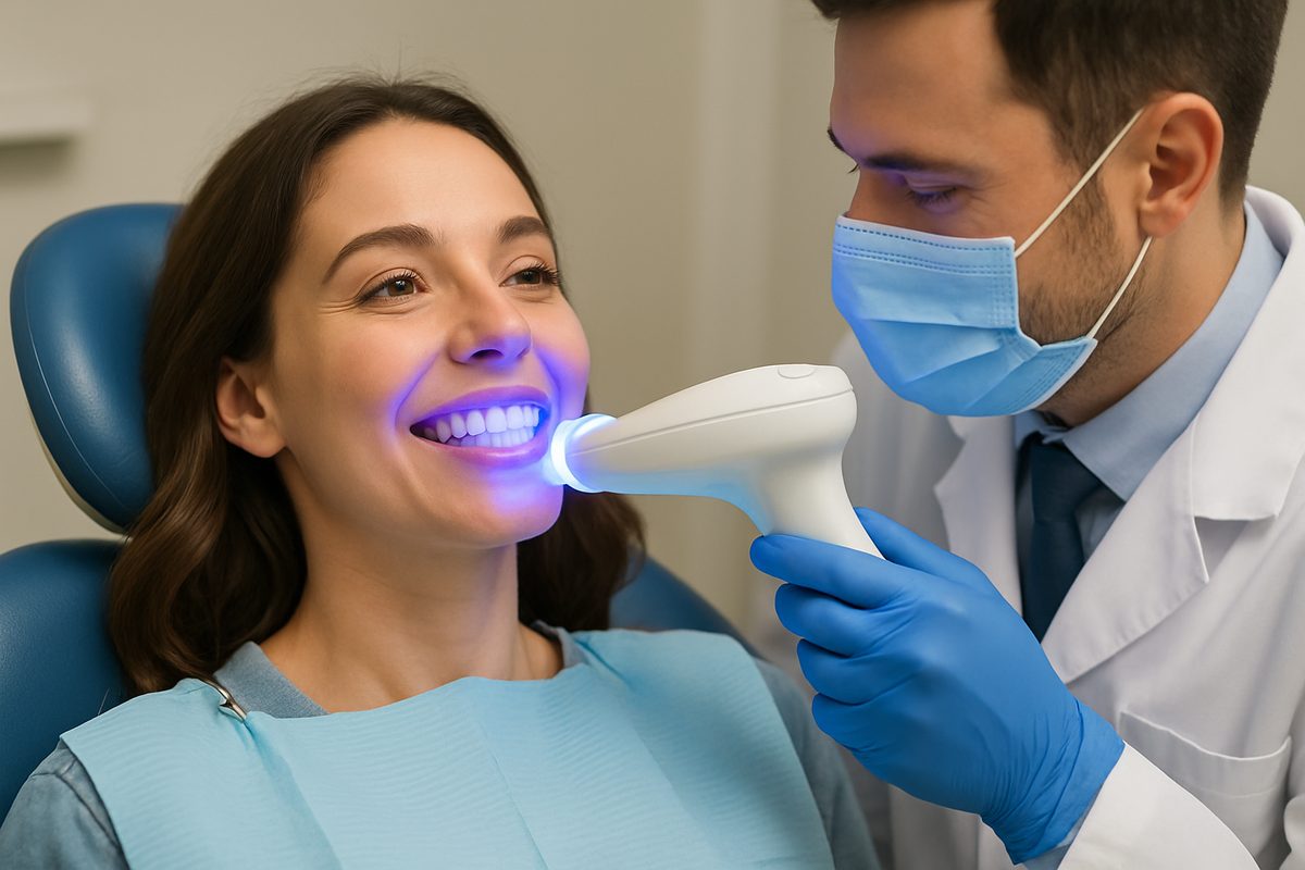 Image of a woman in a dental chair smiling as a dentist shines a blue light on her teeth during a teeth whitening procedure. No text on the image.