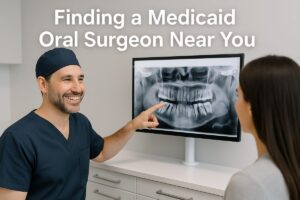 Photo of a smiling oral surgeon in scrubs consulting with a patient, pointing to a digital x-ray on a screen. The environment is a modern, clean dental office. The text on the image says "Finding a Medicaid Oral Surgeon Near You".