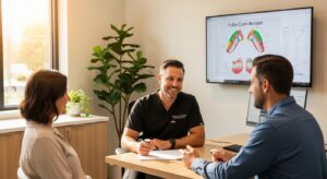 Dentist consulting with family in a modern dental office