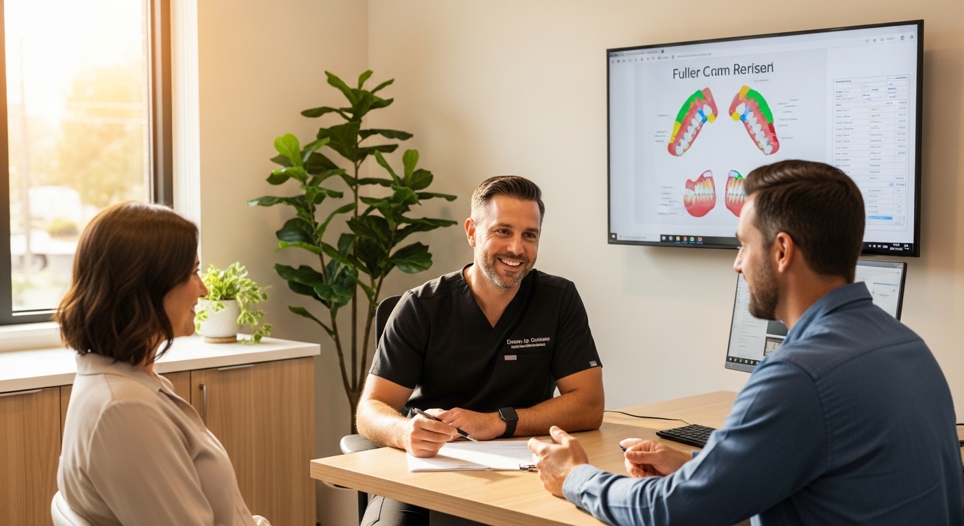 Dentist consulting with family in a modern dental office