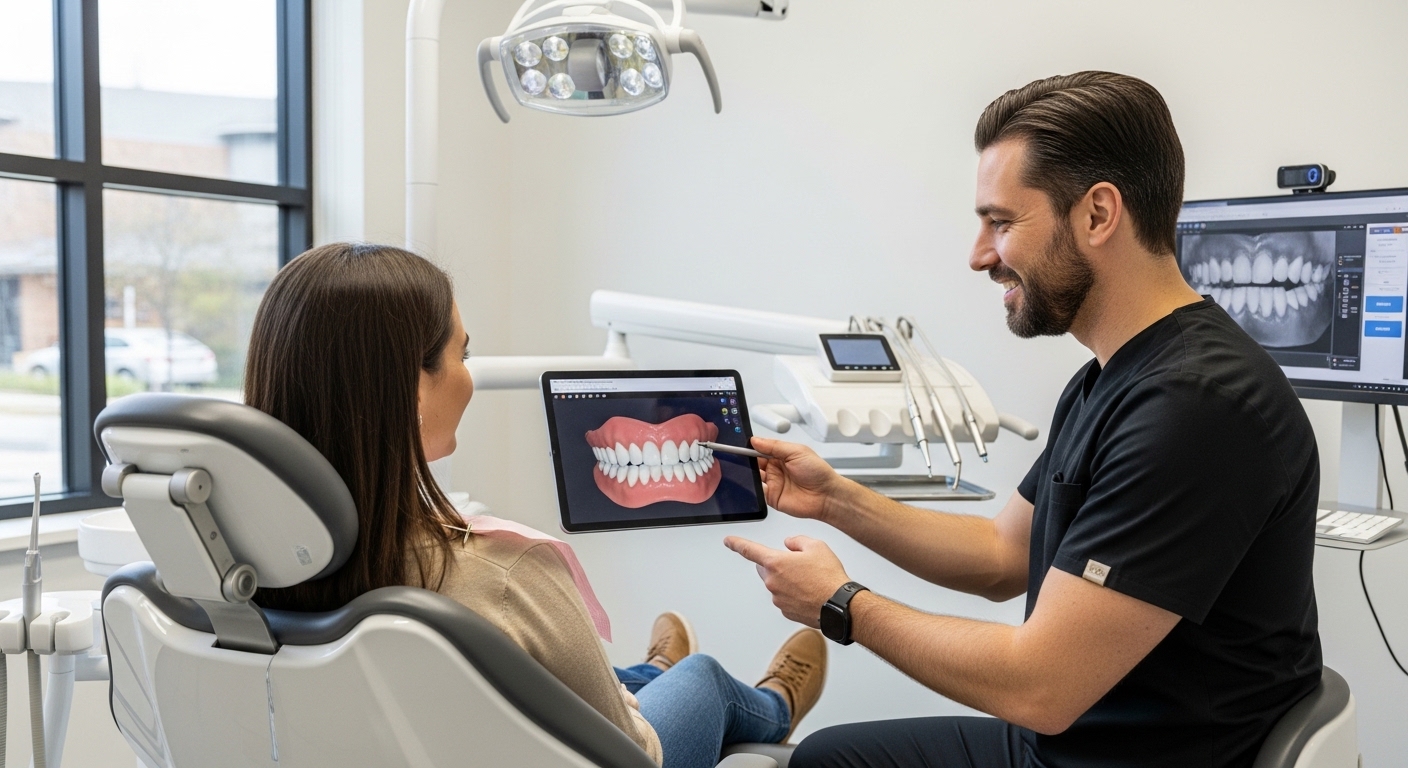 Patient discusses porcelain veneers with a dentist in a modern office.