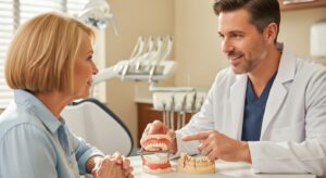 Dentist and patient discussing dentures in a modern Palm Harbor dental office