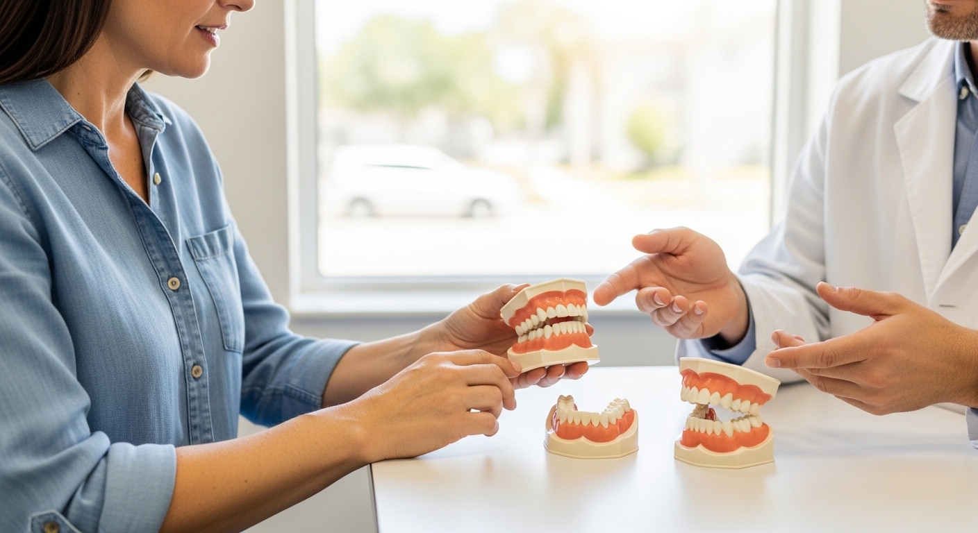 Dentist consulting patient about dentures in modern Palm Harbor office