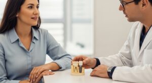 Patient discussing dental implant for front tooth with a dentist