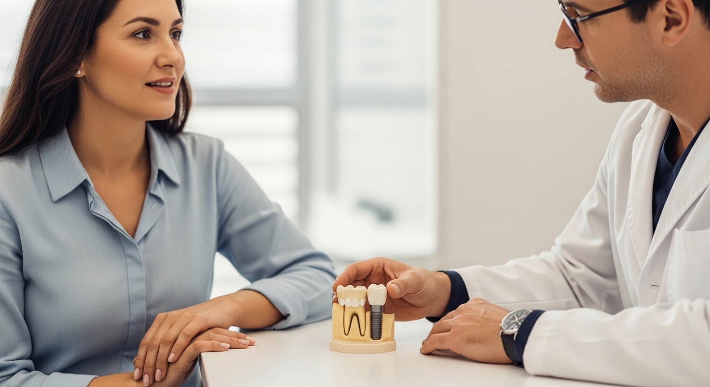Patient discussing dental implant for front tooth with a dentist