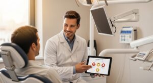 Patient discussing sedation dentistry options with a dentist.